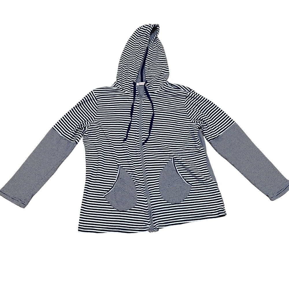 Fresh Produce Women's L Navy White Striped Zip Up Terry Hoodie Cotton USA Made